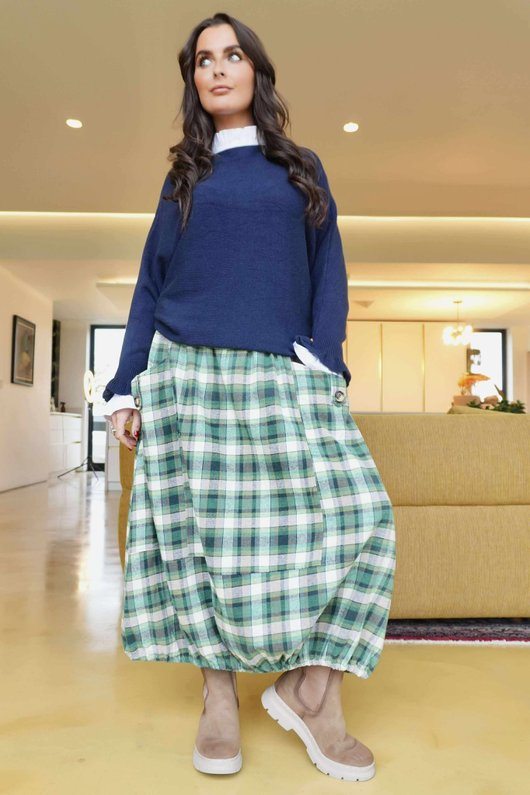Roberta Plaid Brushed Cotton Balloon Hem Skirt Clover